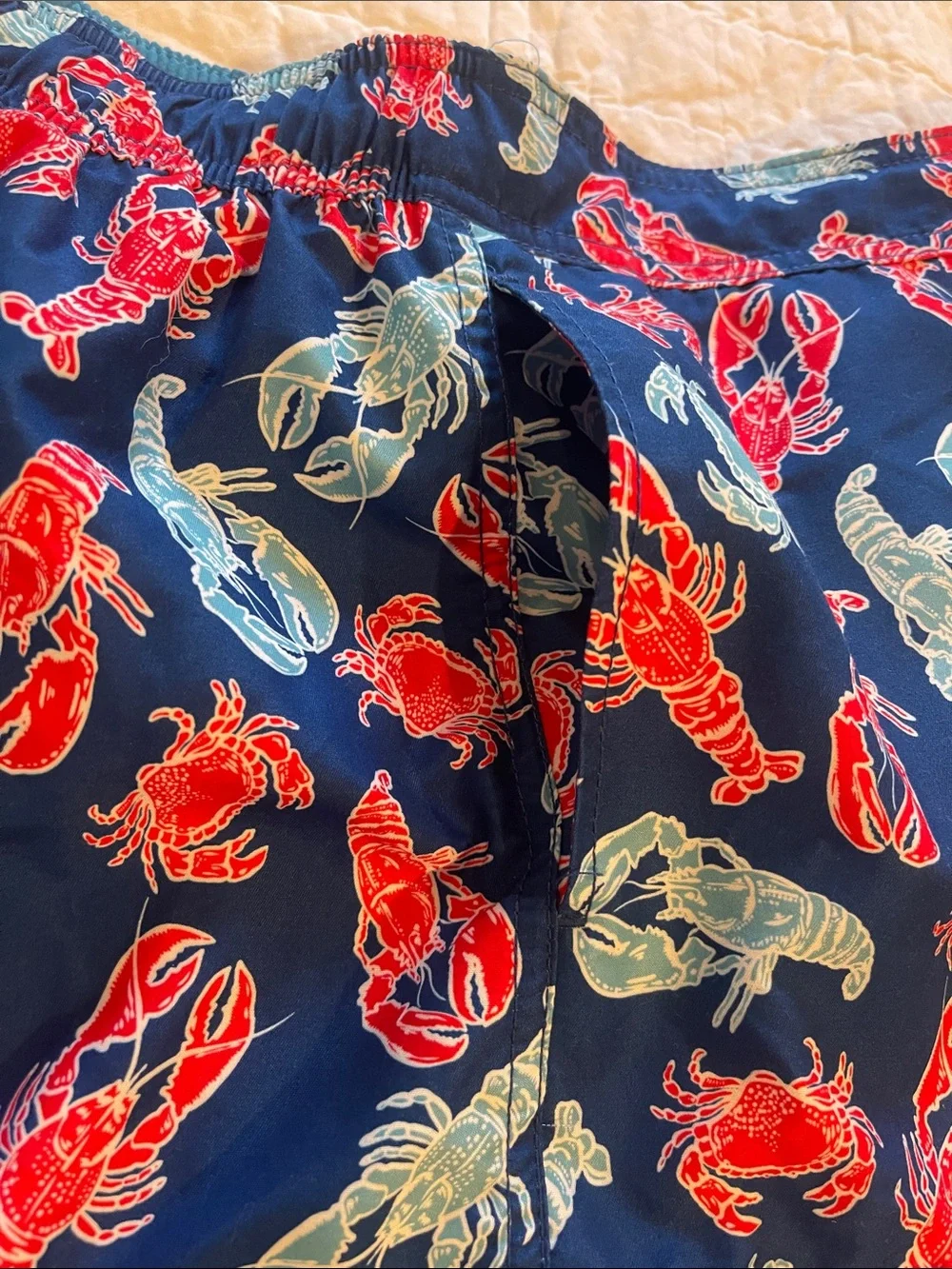 Newport Navy Swim Board Shorts with Red & Light Blue Lobster Print